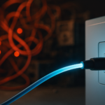 A close-up of a single, sleek fiber-optic cable glowing with a clean blue light, plugged into a minimalist modern server. In the soft, blurred background, a tangled mass of glowing red wires and dusty old hardware fades out of focus — present but deliberately secondary. The sharp foreground clarity versus the chaotic background bokeh visually communicates the contrast between curated, efficient update services and outdated ping spam, without dividing the frame. No text overlay. The composition should feel purposeful and editorial, like a technology magazine cover shot