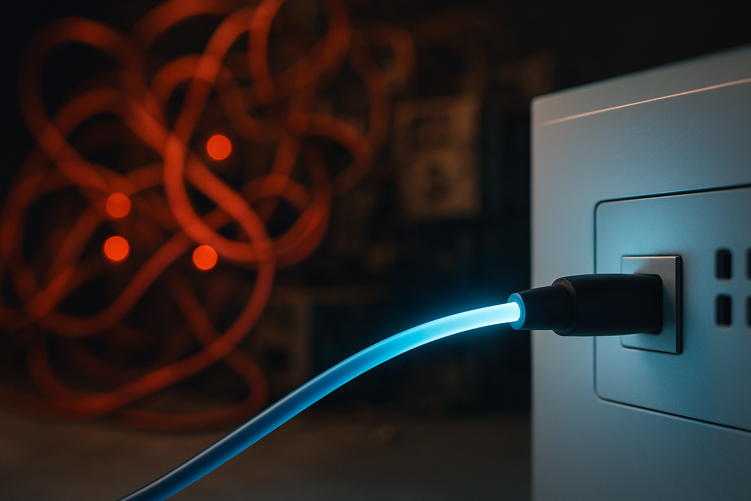 A close-up of a single, sleek fiber-optic cable glowing with a clean blue light, plugged into a minimalist modern server. In the soft, blurred background, a tangled mass of glowing red wires and dusty old hardware fades out of focus — present but deliberately secondary. The sharp foreground clarity versus the chaotic background bokeh visually communicates the contrast between curated, efficient update services and outdated ping spam, without dividing the frame. No text overlay. The composition should feel purposeful and editorial, like a technology magazine cover shot