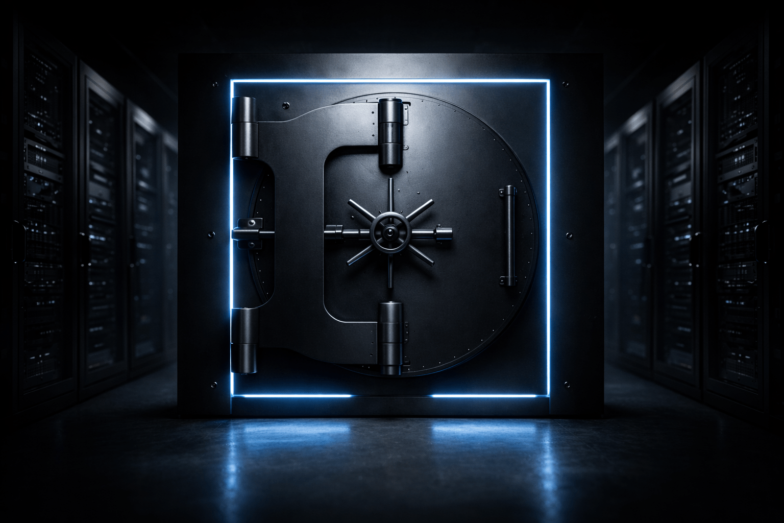 A sealed vault door glowing at its edges inside a dark server room, representing Anthropic's decision to withhold Claude Mythos from public access.
